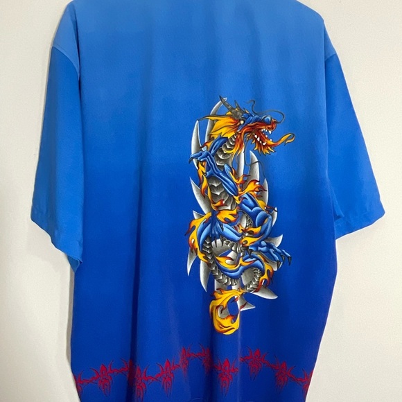 WINGO Shirt Mens Size XL Blue FIRE DRAGON Print Y2K SKATE Hawaiian VINTAGE - Picture 3 of 9